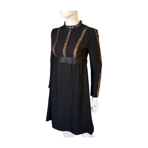 Vintage 60s 70s Black Empire Waist Lace Panel Dress Ruffled Neckline 4/6